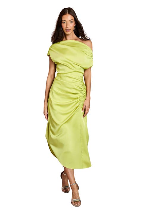 One Shoulder Satin Midi Dress