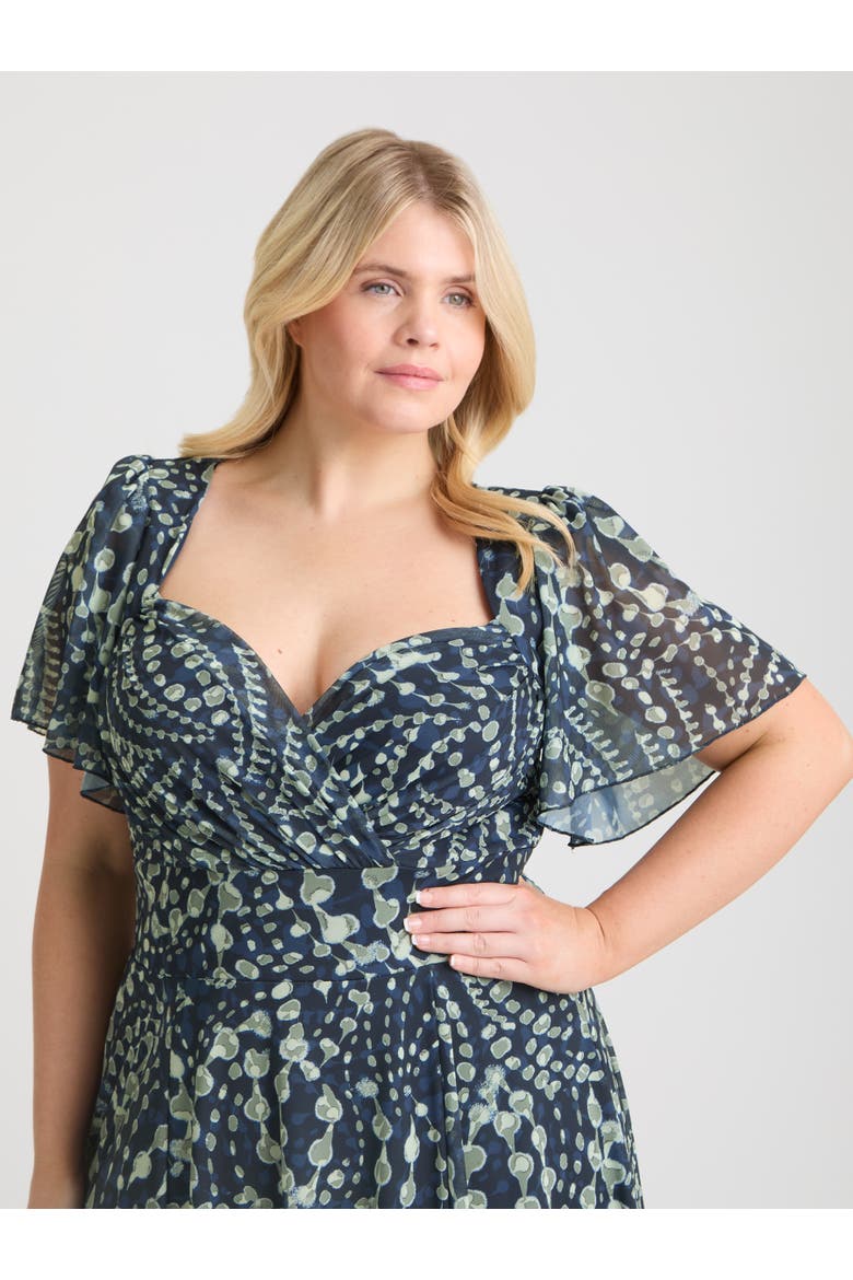 Liz Printed Wrap Bodice Midi Dress, Alternate, color, Navy Cream