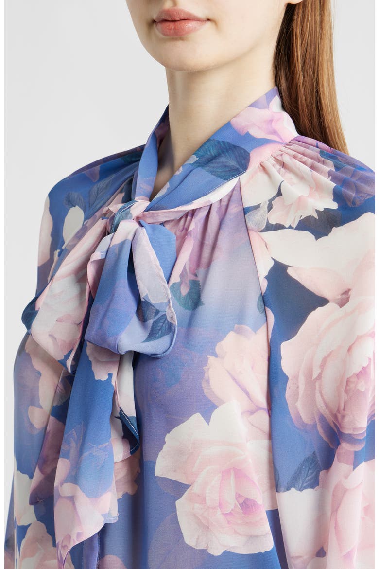 Floral Print Tie Neck Top, Alternate, color, BLUE PETAL FLORAL