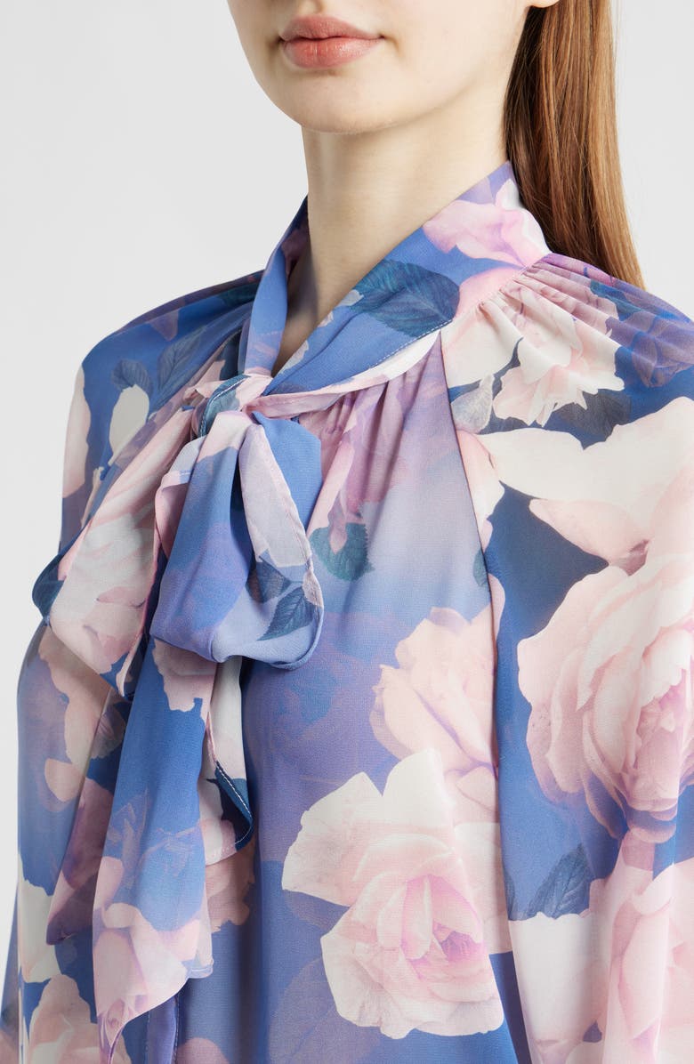 Tahari ASL Floral Print Tie Neck Top, Alternate, color, Blue Petal Floral