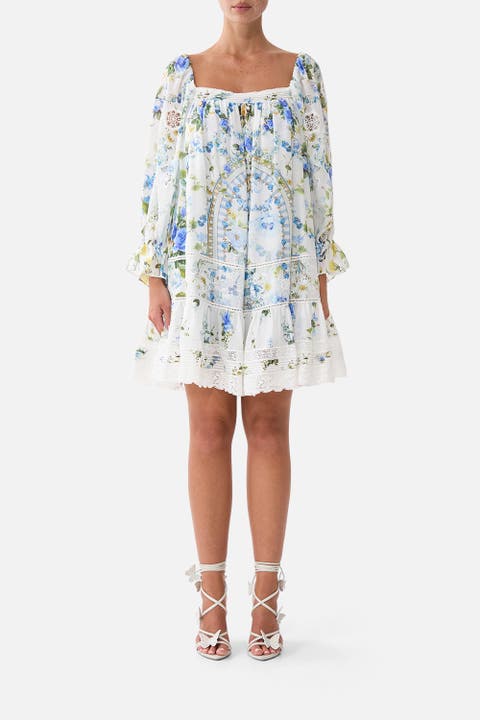 Square Neck Short Dress With Pintucks