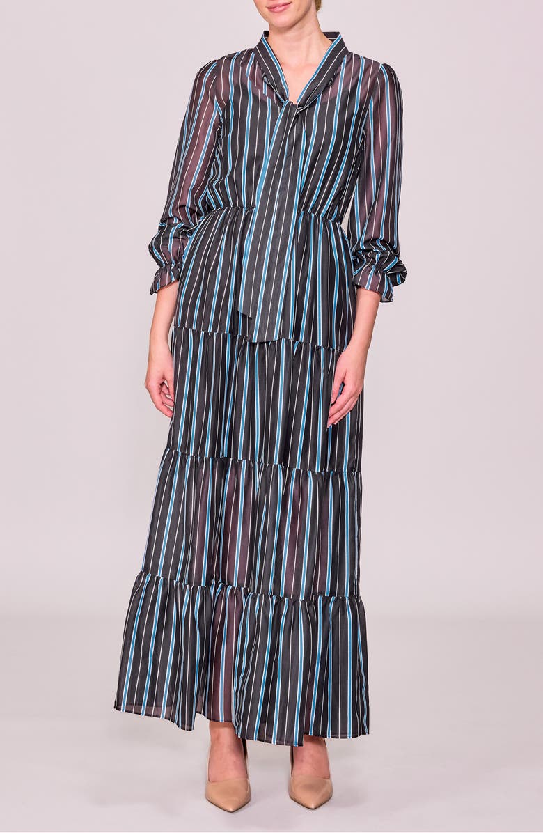 MELLODAY Stripe Bow Tiered Maxi Dress, Main, color, Brown Blue