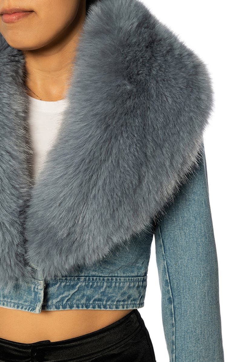 AZALEA WANG Denim Trucker Jacket with Faux Fur Cuffs & Removable Faux Fur Collar, Alternate, color, Blue
