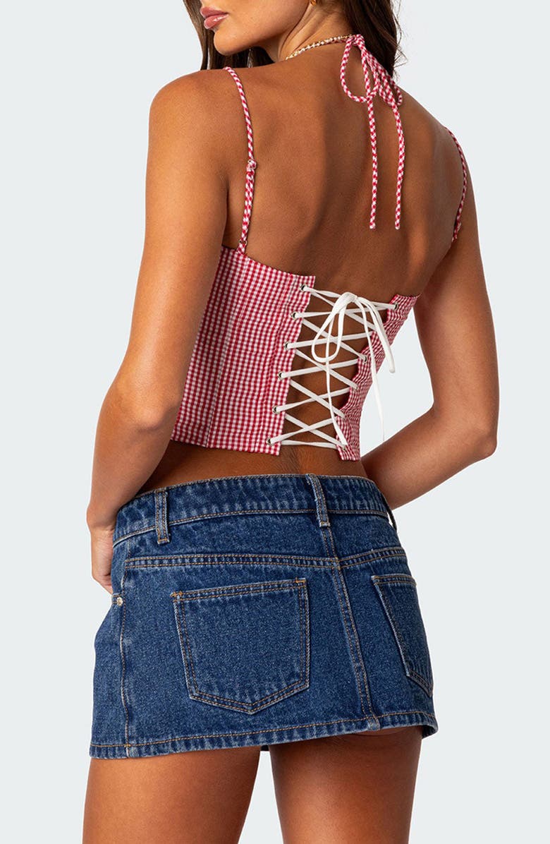 EDIKTED Pippa Gingham Lace-Up Back Corset Top, Alternate, color, Red