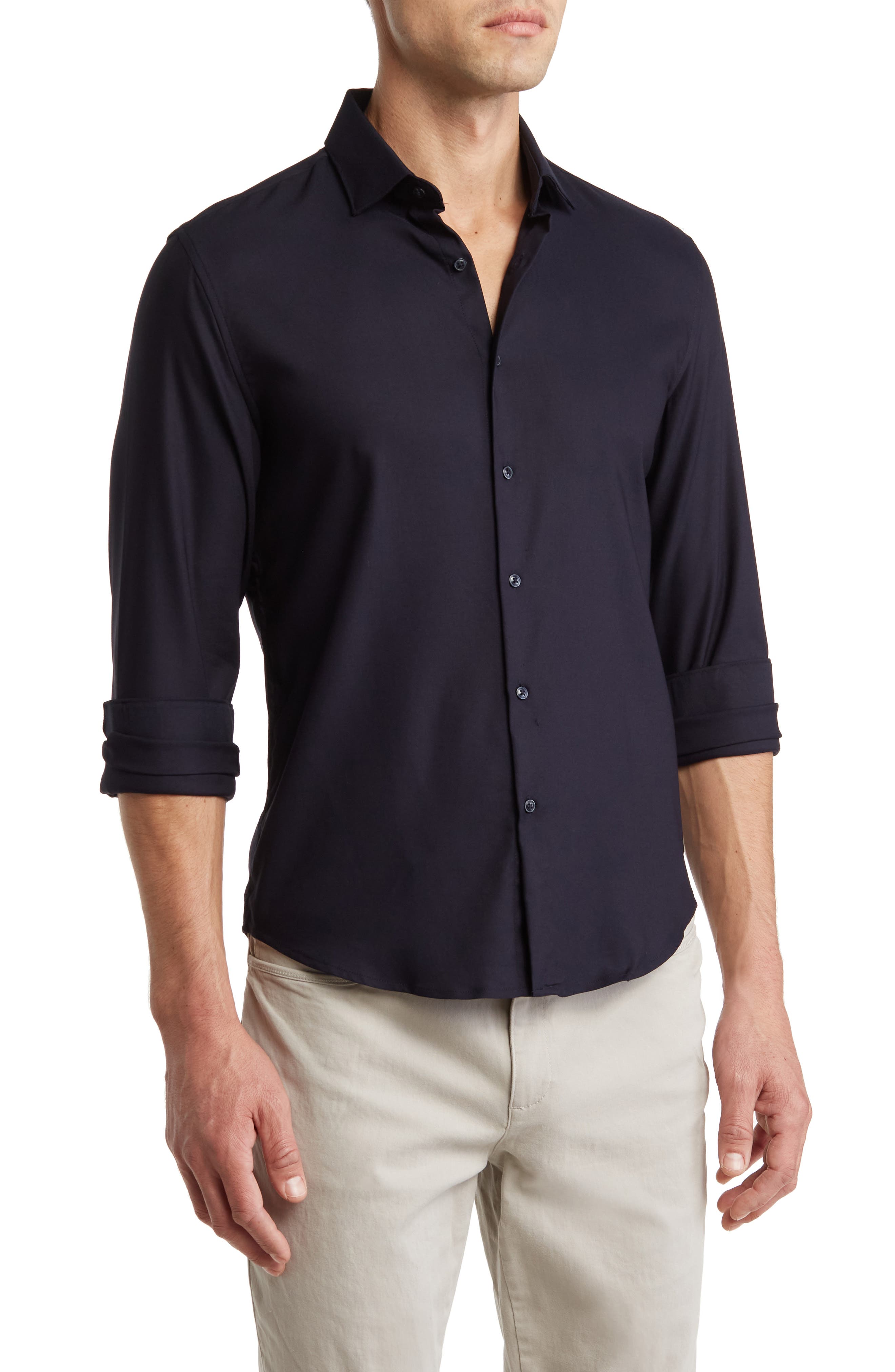 DENIM AND FLOWER Navy Solid Stretch Button-Up Shirt