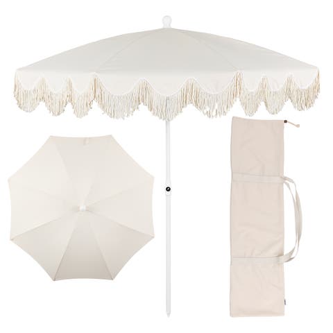 Mariner 6.5 ft. Classic Cottage Fringe Tassel Market Beach Umbrella with Push Button Tilt