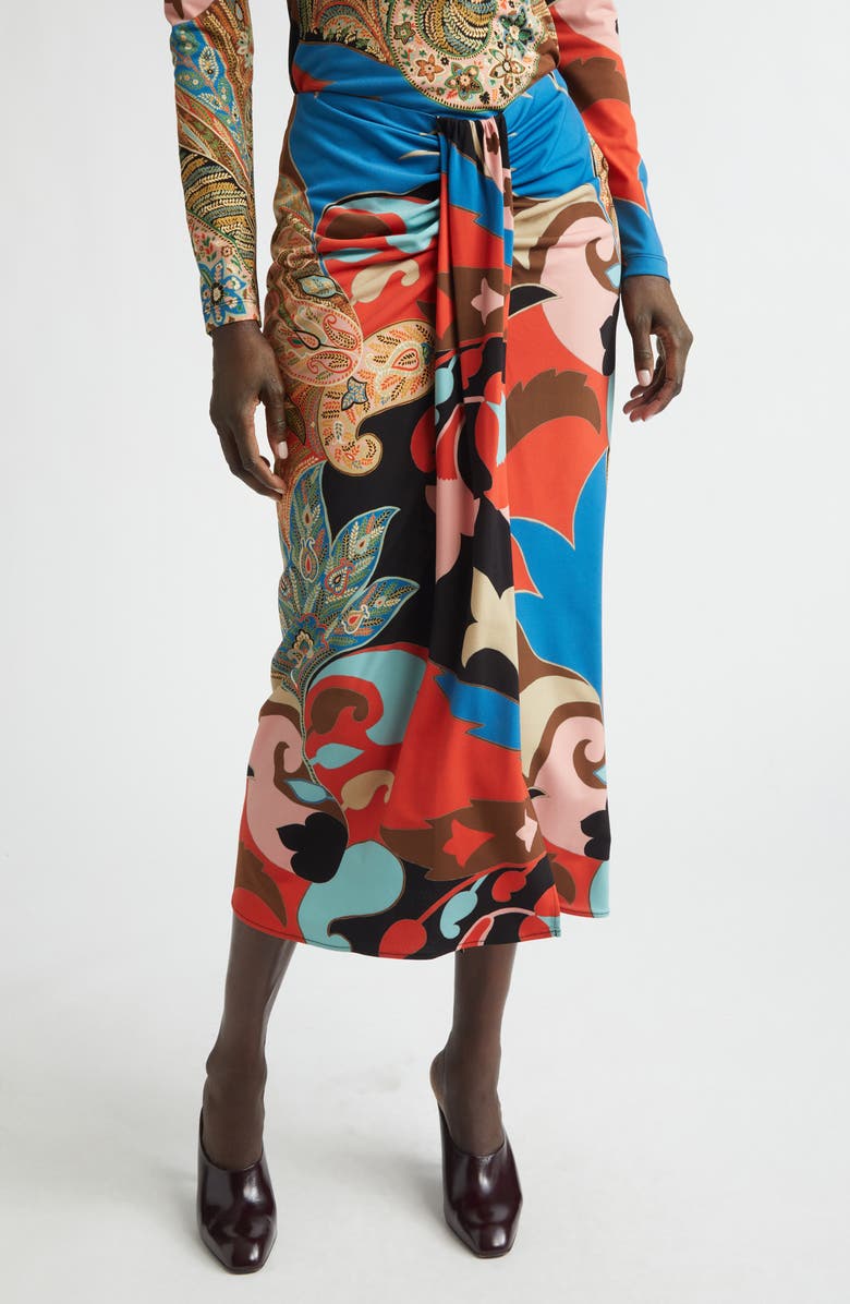 Etro Paisley Lotus Print Knot Front Midi Pencil Skirt, Main, color, Red