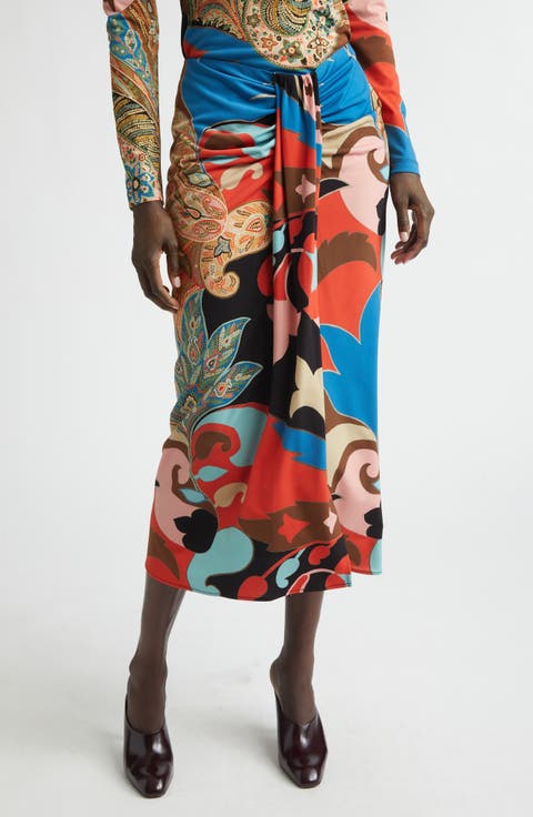 Paisley Lotus Print Knot Front Midi Pencil Skirt