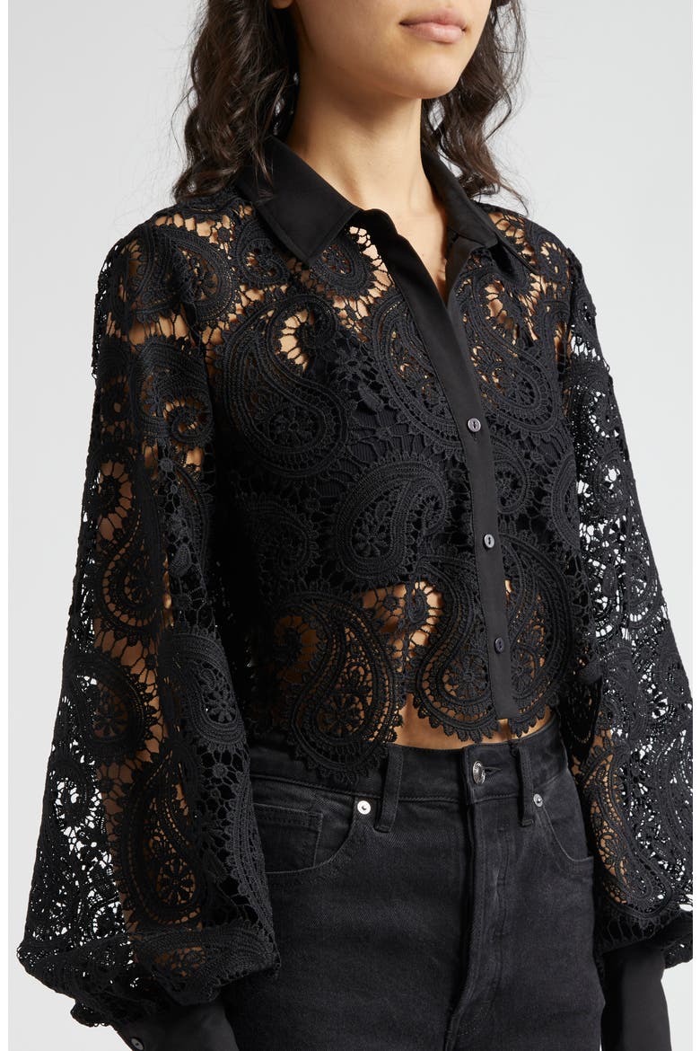 Odelia Allover Lace Crop Button-Up Shirt, Alternate, color, BLACK