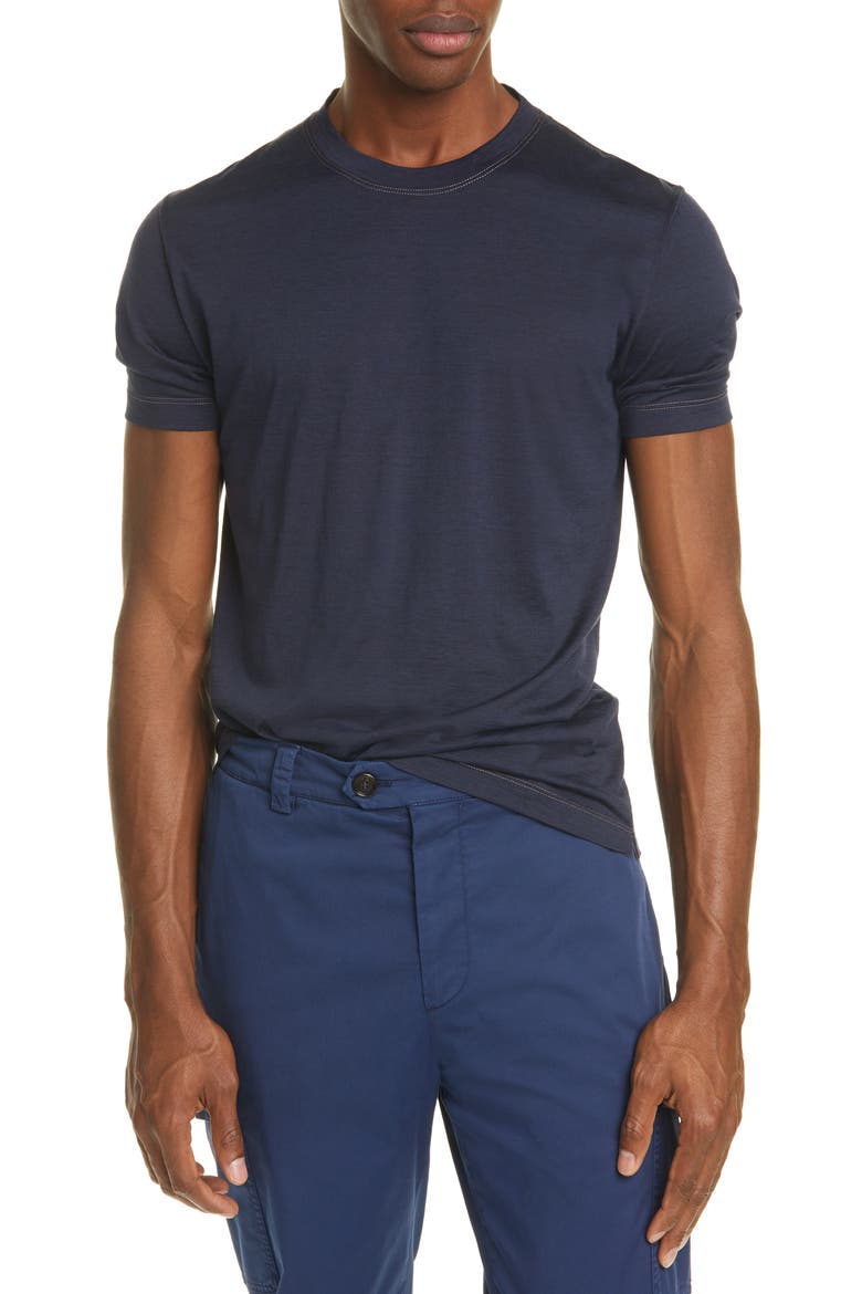 Silk & Cotton Crewneck T-Shirt, Main, color, BLUE