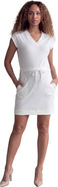 24seven Comfort Apparel Maternity Essential Ribbed Knit V-Neck Drawstring Waist Pocket Knee-Length Dress