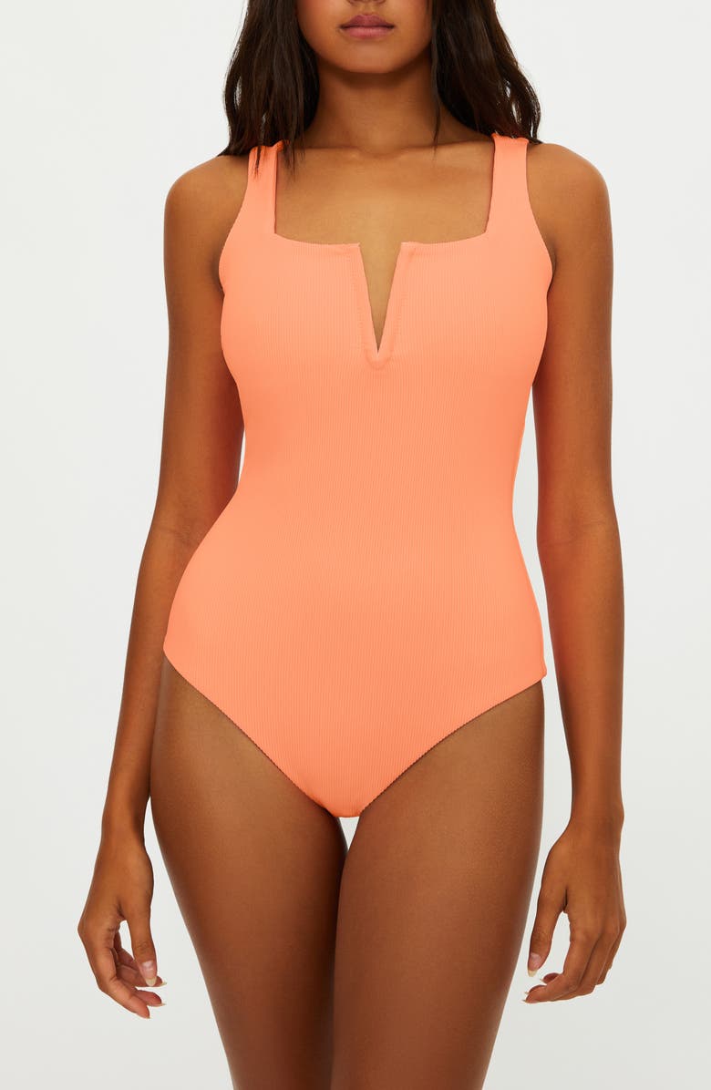 Beach Riot Tropez V-Wire Rib One-Piece Swimsuit, Main, color, Guava
