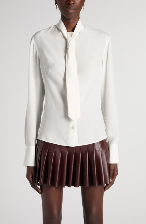 Tie Neck Silk Button-Up Shirt