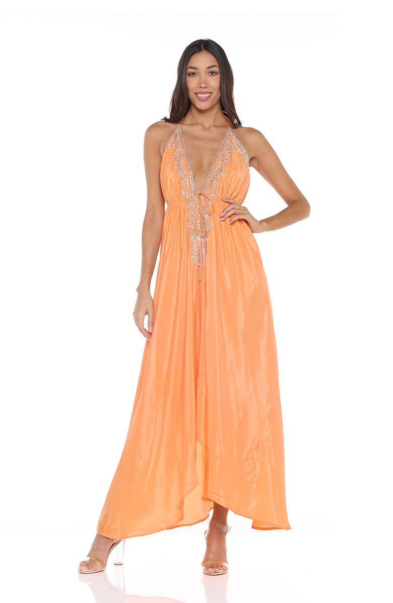 RANEES Plunge Neck Halter Maxi Dress, Alternate, color, Soft Orange