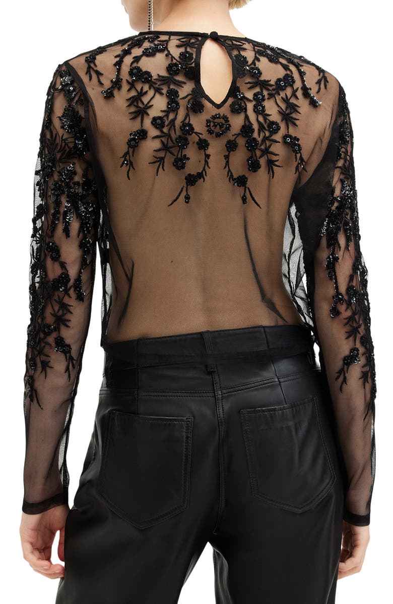 AllSaints Greta Sequin Embroidery Sheer Top, Alternate, color, Black