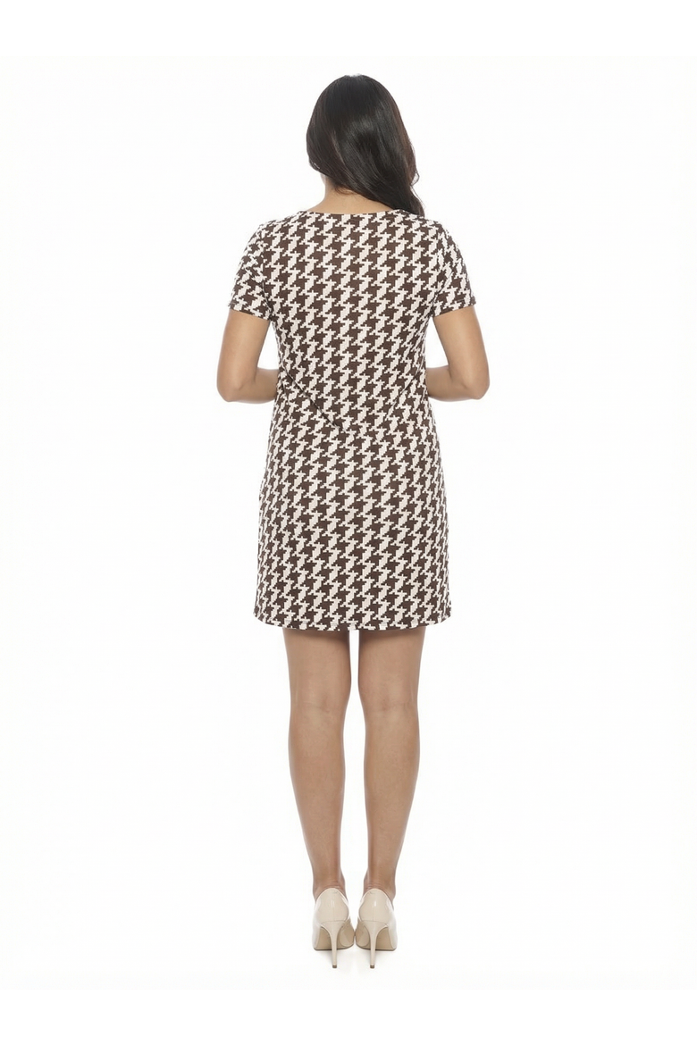 Maternity Geometric Short Sleeve Round Neck Mini Shift Dress, Alternate, color, Brown Multi