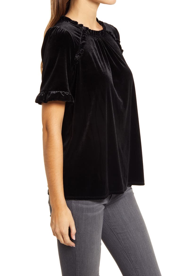 Ruffle Detail Velvet Top, Alternate, color, BLACK