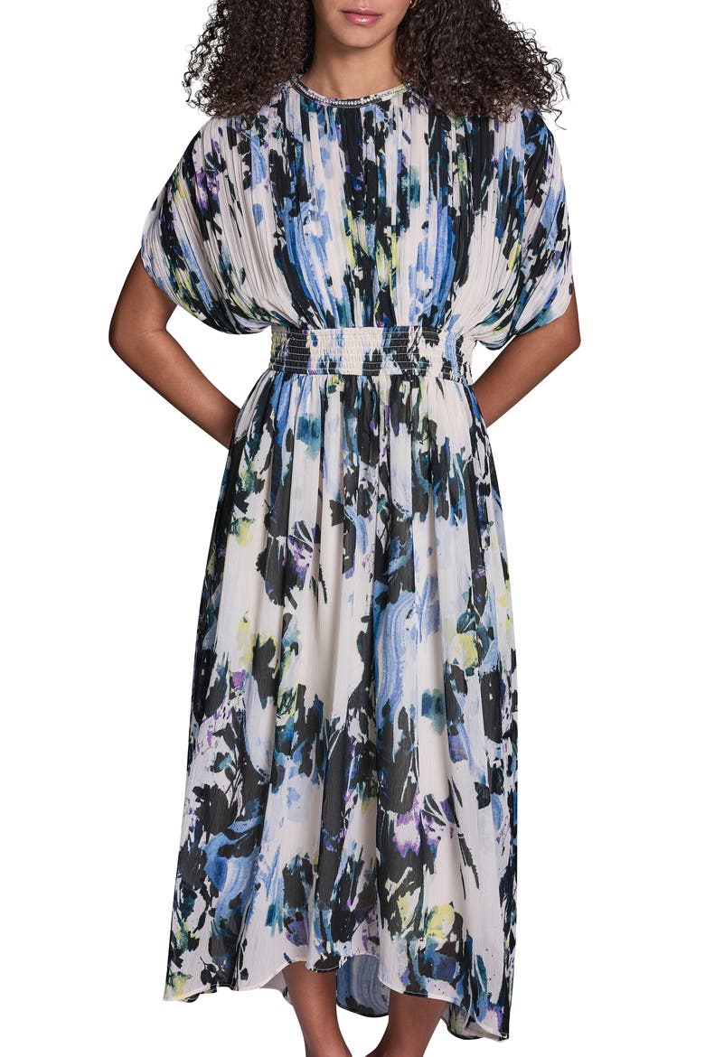 Abstract Print Plissé Chiffon Midi Dress, Alternate, color, PARCHMENT MULTI
