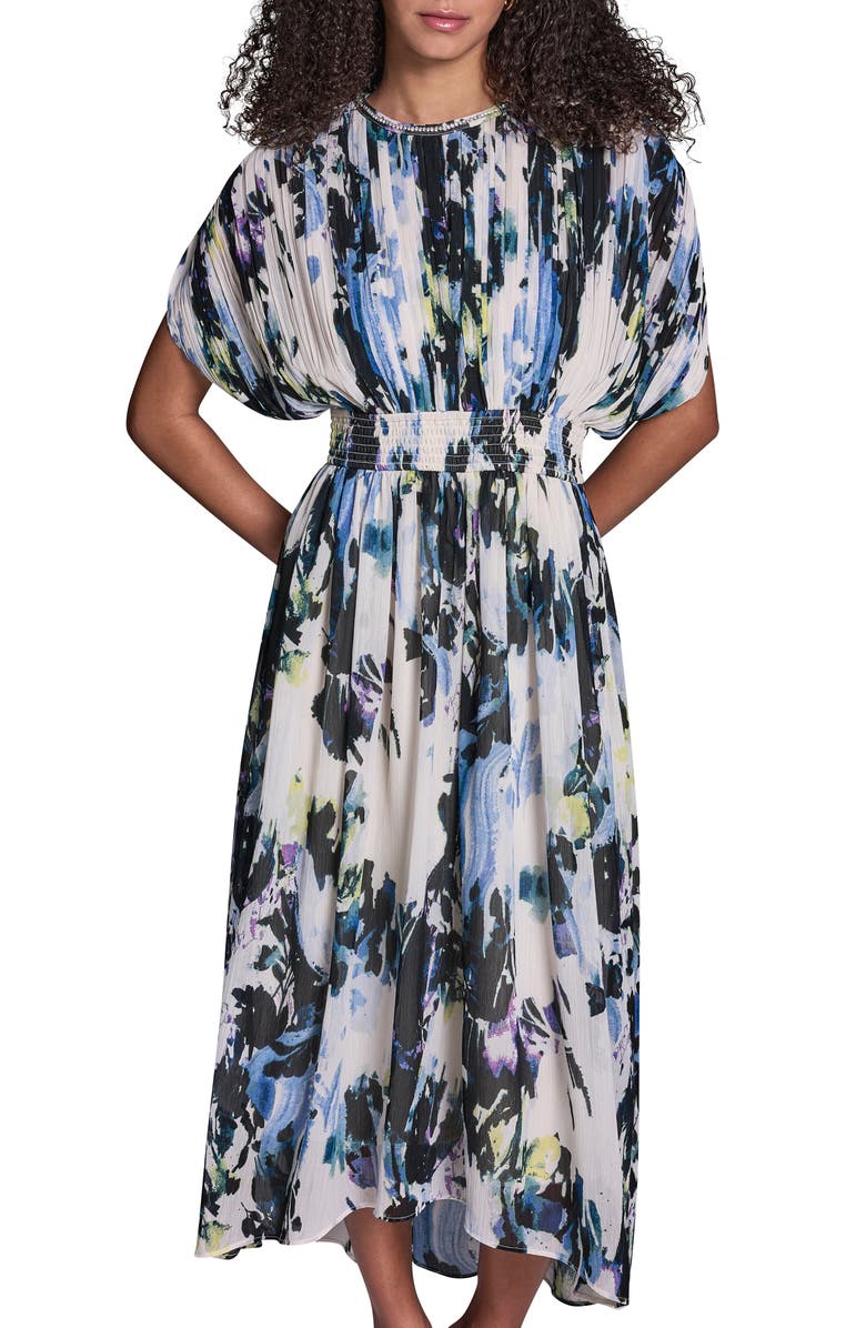 BCBG Abstract Print Plissé Chiffon Midi Dress, Alternate, color, Parchment Multi