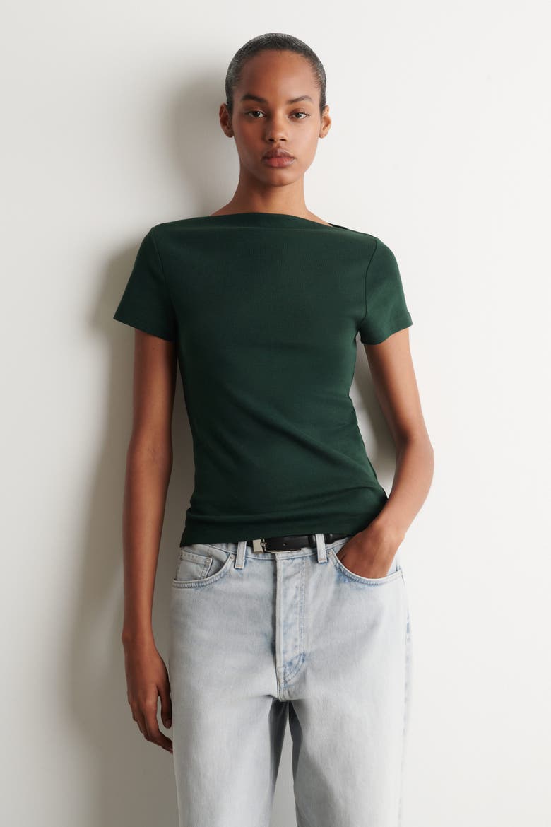 Slim Boat-neck Cotton T-shirt, Main, color, DARK GREEN