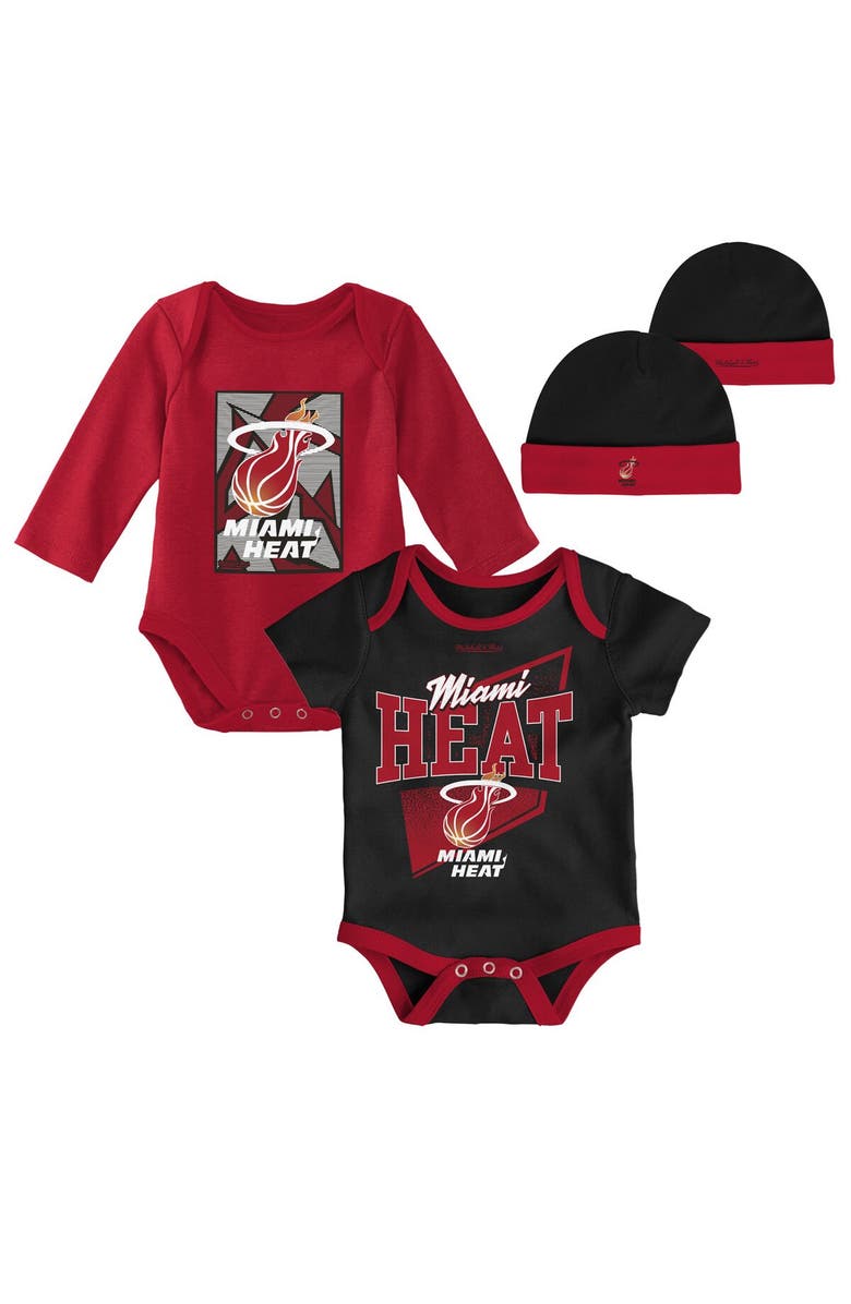 Mitchell & Ness Infant Mitchell & Ness Black/Red Miami Heat Hardwood Classics Bodysuits & Cuffed Knit Hat Set, Main, color, Black