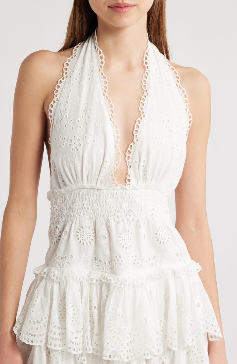 LoveShackFancy Janea Halter Neck Cotton Eyelet Minidress, Alternate, color, Optic White