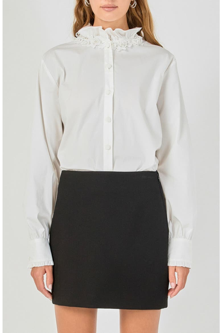 Pearl Embellished Ruffle Collar Shirt, Main, color, OFF WHITE