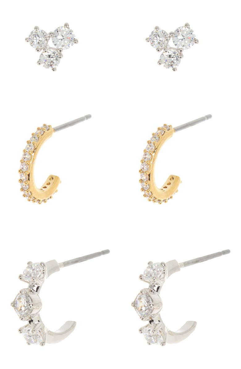 Nadri Felicity Set of 3 Huggie Hoops & Stud Earrings, Main, color, 