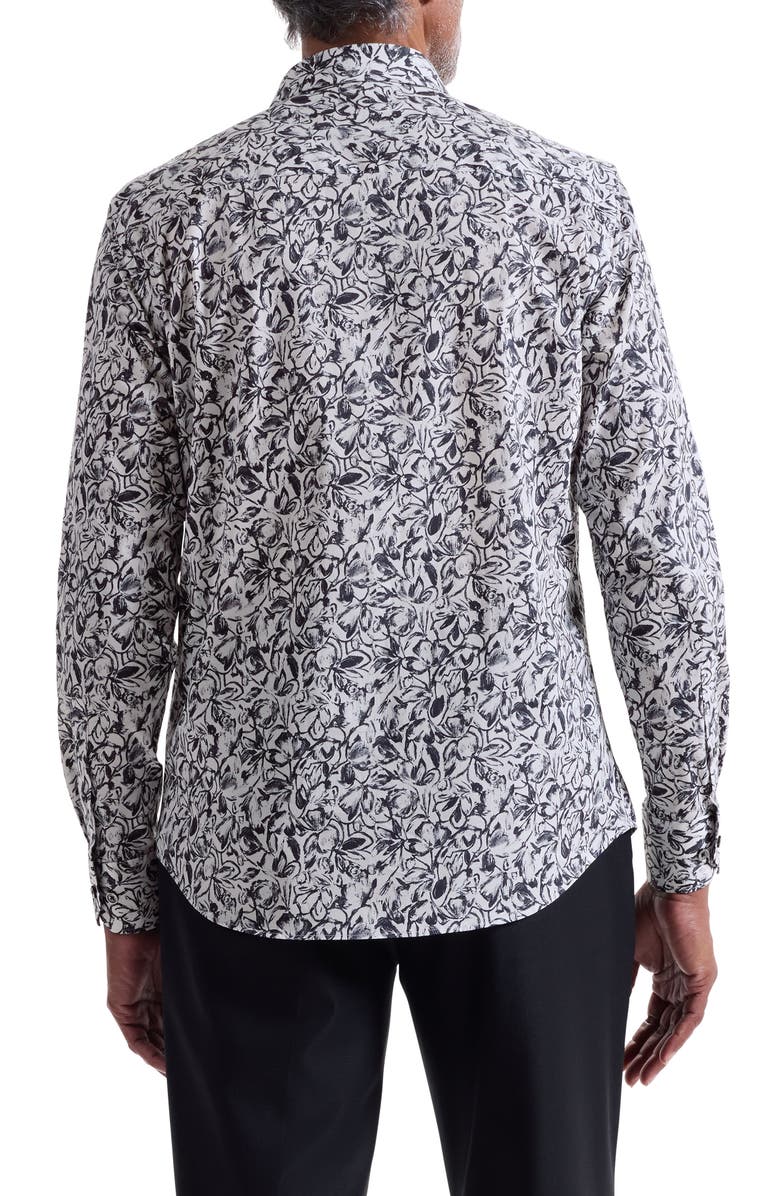 Bugatchi Julian Shaped Fit Floral Print Stretch Cotton Button-Up Shirt, Alternate, color, Black