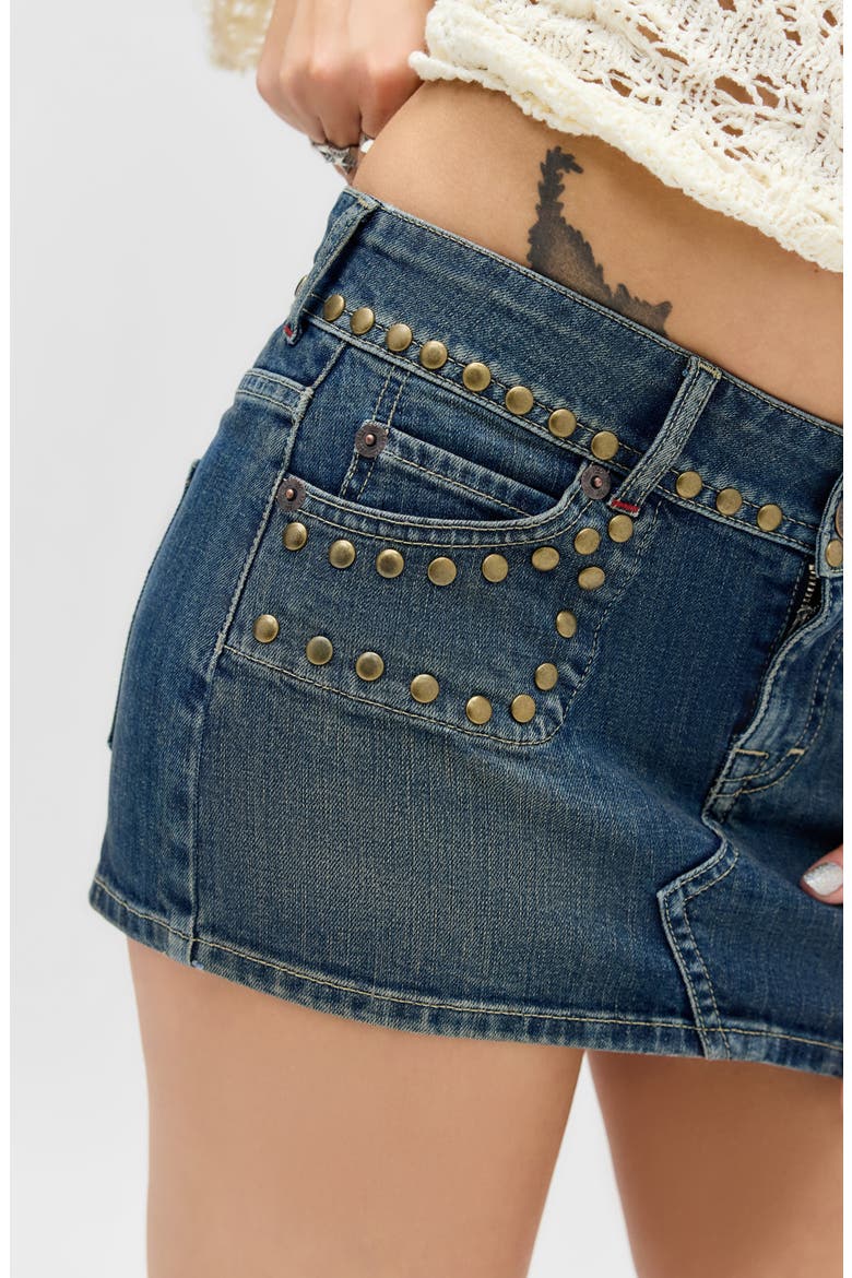 Stud Double Shank Denim Miniskirt, Alternate, color, DENIM