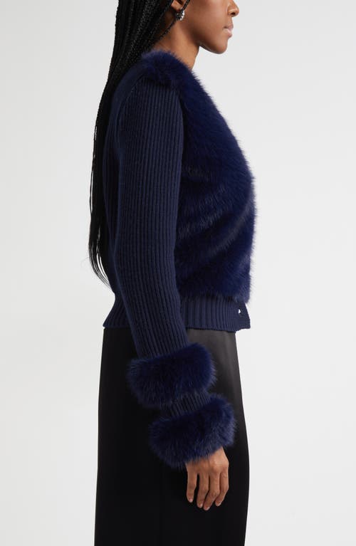 Ramy Brook Vivietta Faux Fur Trim Wool Blend Cardigan In Blue