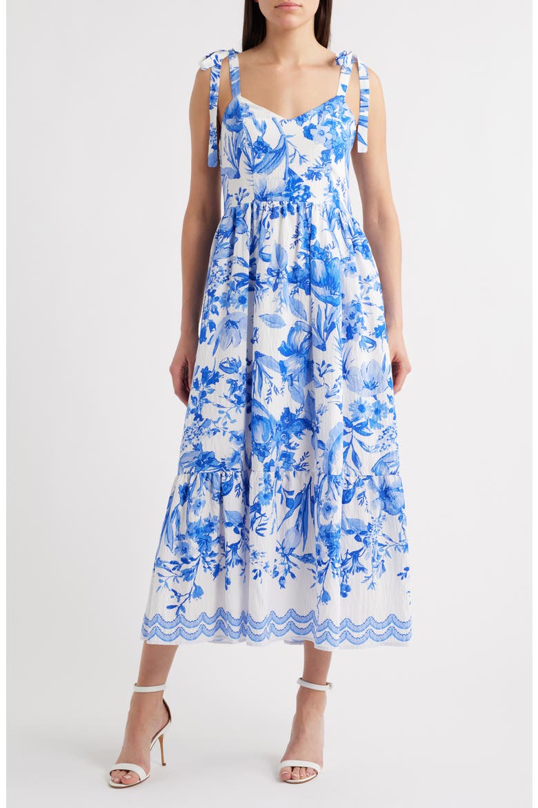Floral Toile Corset Sundress, Main, color, WHITE/ BLUE