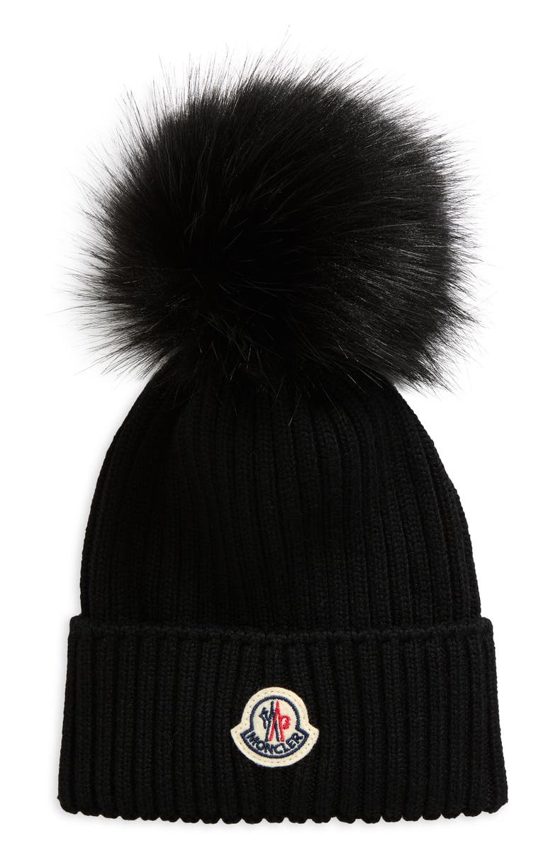 Moncler Kids' Merino Wool Rib Beanie with Faux Fur Pompom, Main, color,