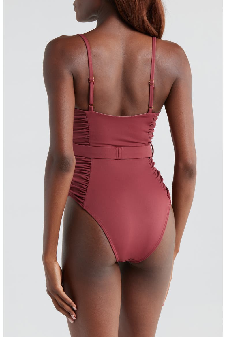 Ruched Belted One-Piece Swimsuit, Alternate, color, BROWN