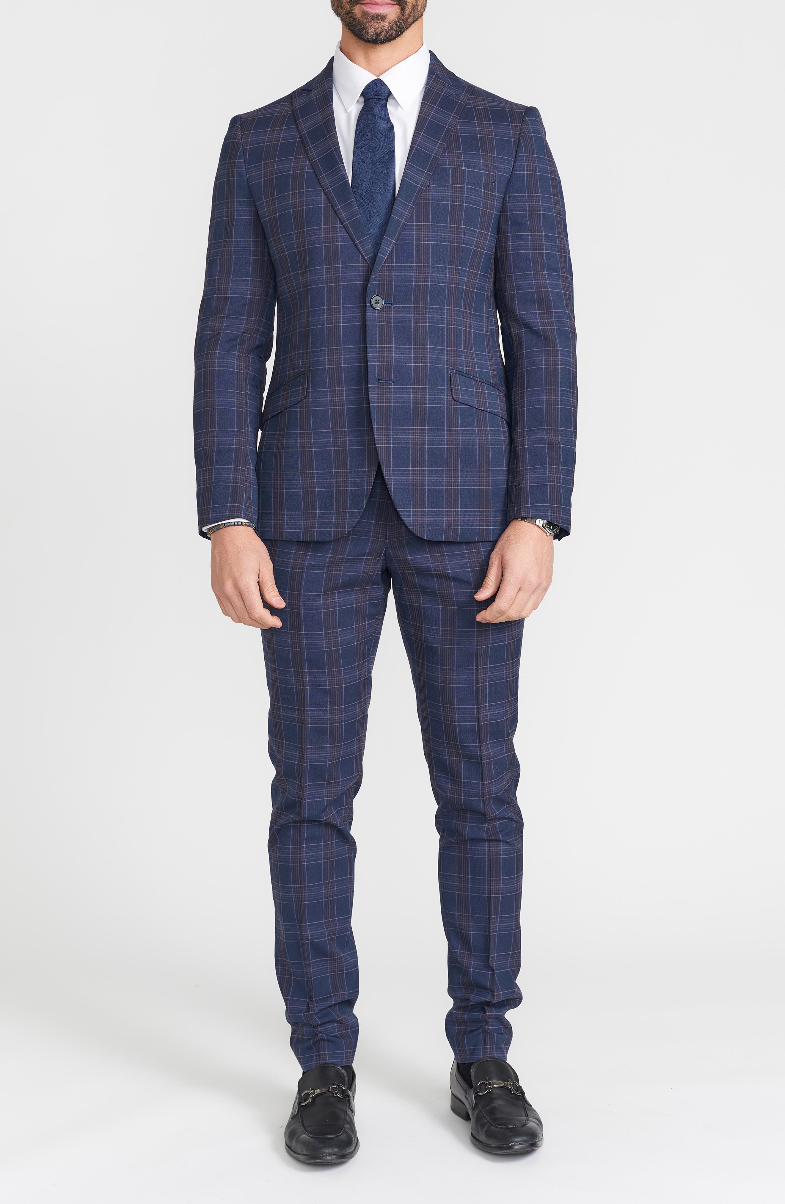 SAVILE ROW CO Navy Multi Plaid Peak Lapel Suit