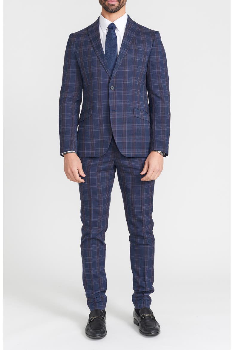 Navy Multi Plaid Peak Lapel Suit, Main, color, NAVY