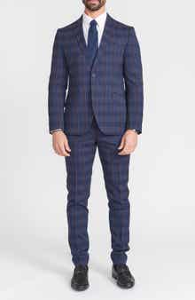 SAVILE ROW CO Navy Multi Plaid Peak Lapel Suit