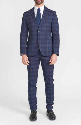 SAVILE ROW CO Navy Multi Plaid Peak Lapel Suit