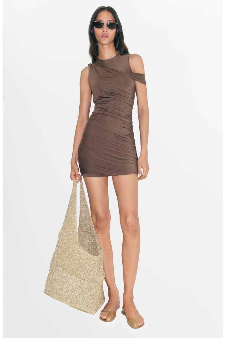Ruched Single Cold Shoulder Short Sleeve Minidress, Alternate, color, BROWN
