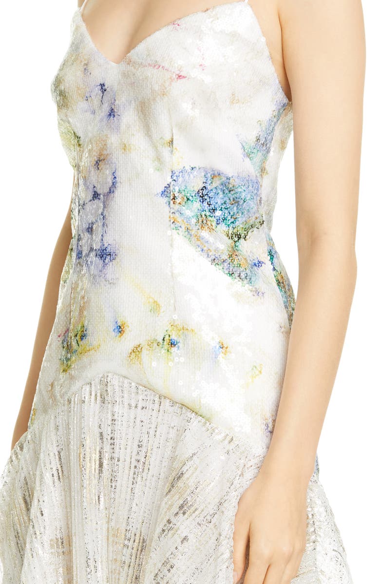 Rodarte Floral Sequin High/Low Slip Dress, Alternate, color, 