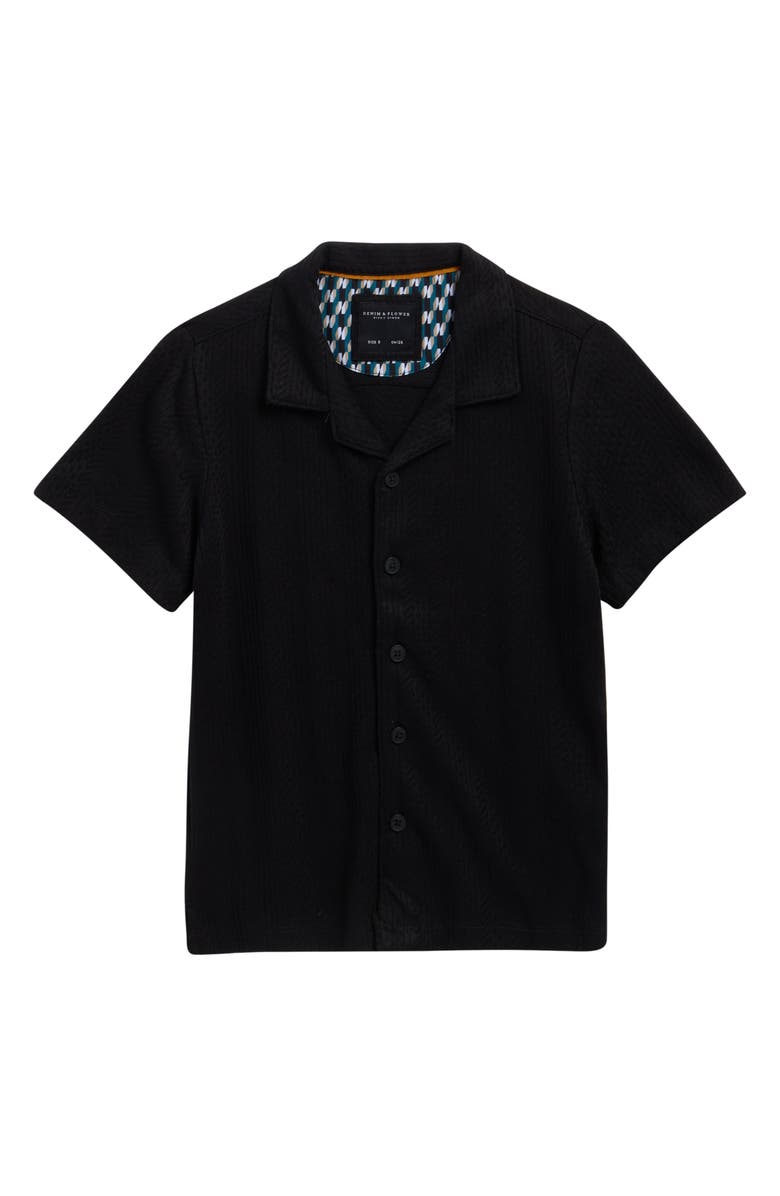 DENIM AND FLOWER Kids' Textured Stripe Camp Shirt, Main, color, Black