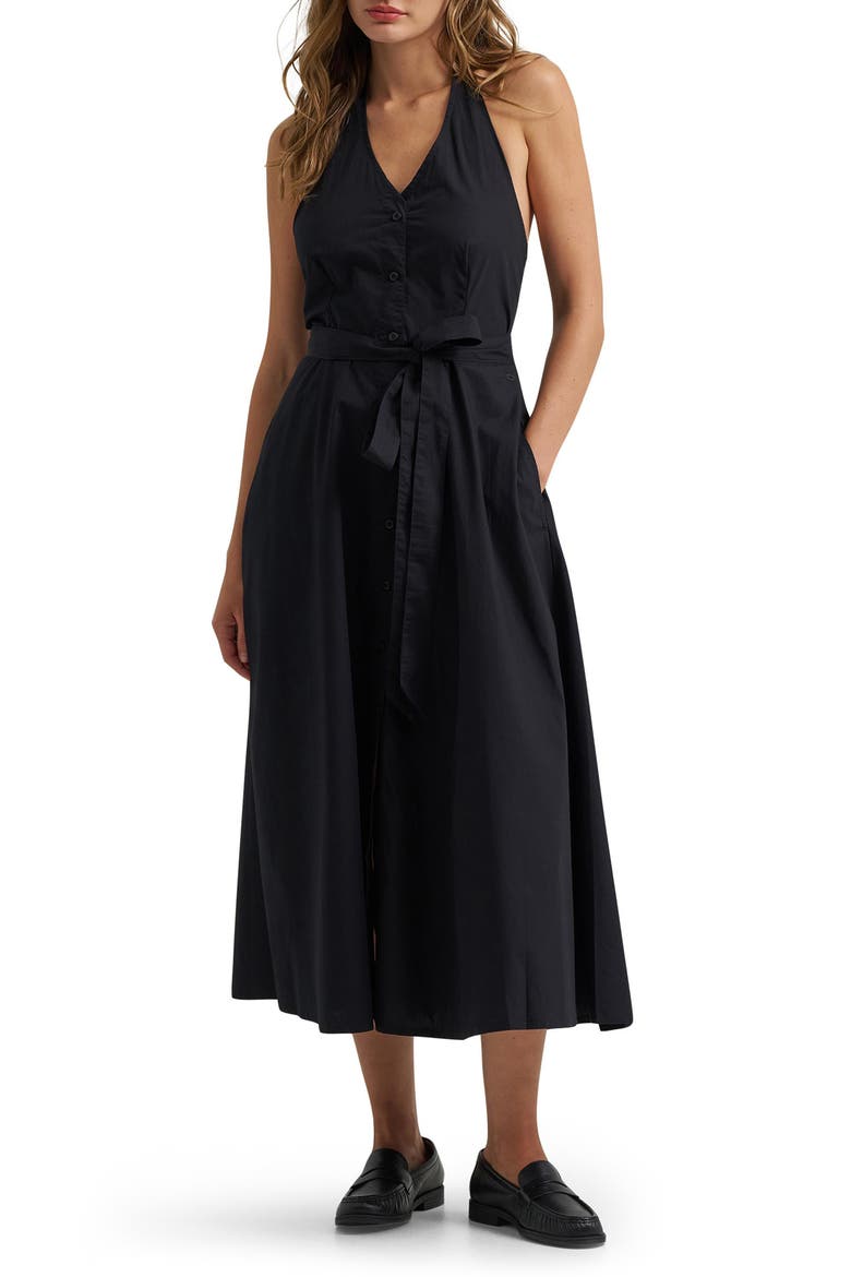 Button Front Cotton Halter Midi Dress, Main, color, BLACK