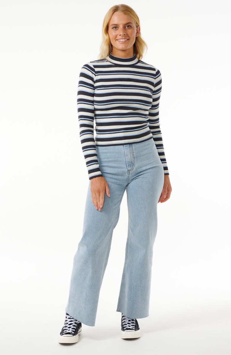 Rip Curl The Search Stripe Cotton Mock Neck Top, Alternate, color, Washed Black