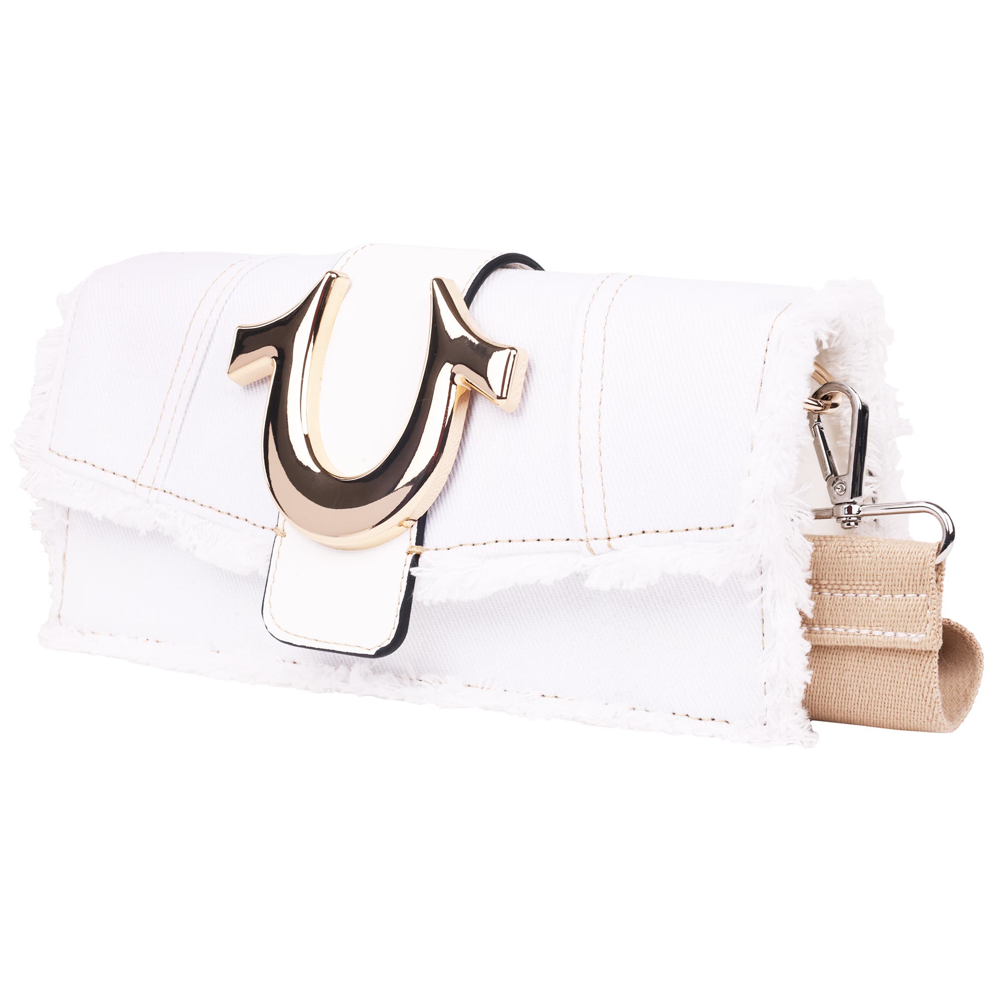 True Religion Frayed Denim Flap Bag with Logo Strap, Alternate, color, White