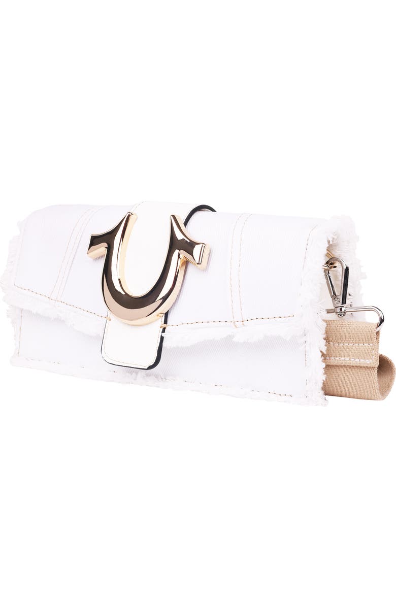 True Religion Frayed Denim Flap Bag with Logo Strap, Alternate, color, White