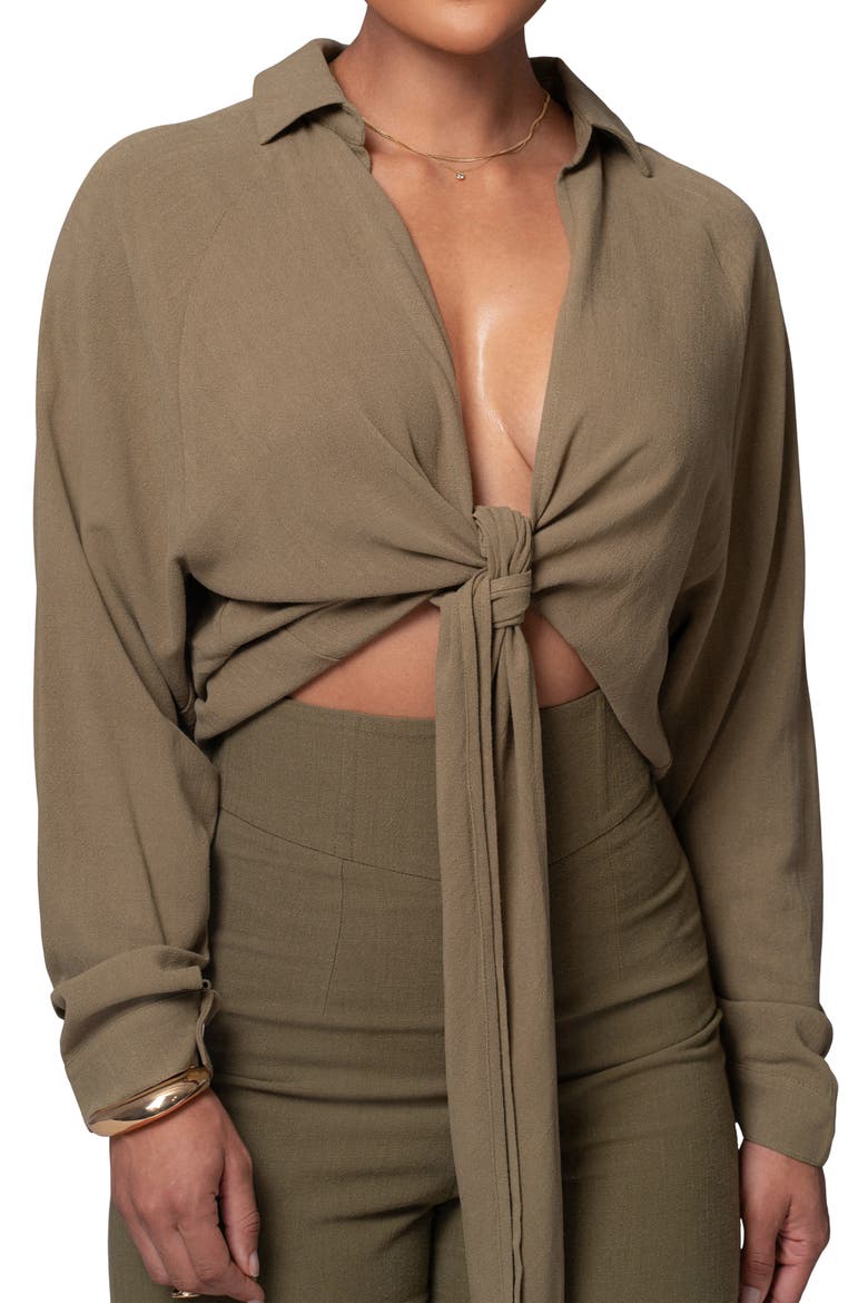 Soho Tie Front Crop Shirt, Main, color, GREEN