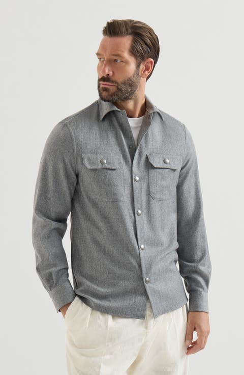 Virgin wool flannel overshirt with spread collar and chest pockets