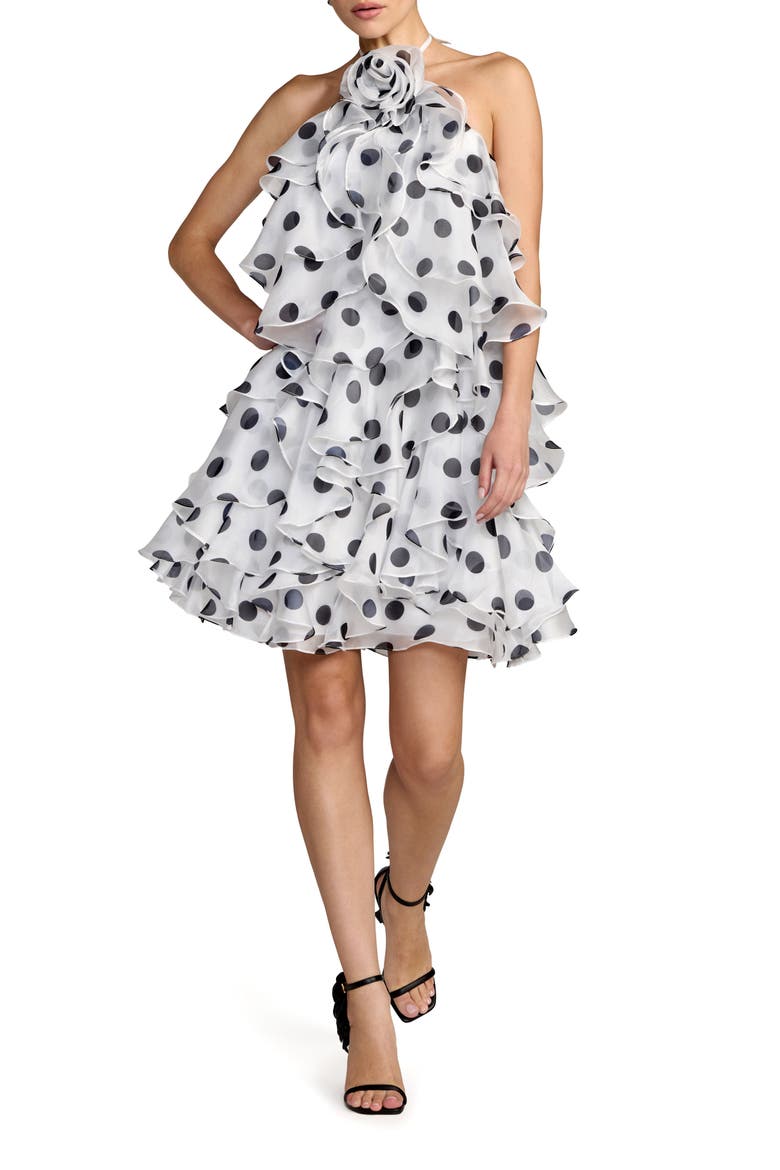 Polka Dot Halter Neck Ruffle Mini Dress with Tiered Skirt, Main, color, Black Ivory