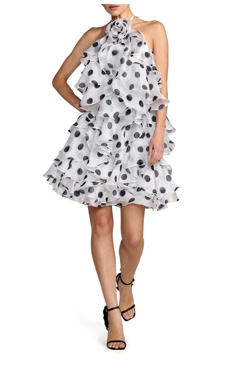 Mac Duggal Polka Dot Halter Neck Ruffle Mini Dress with Tiered Skirt, Main, color, Black Ivory