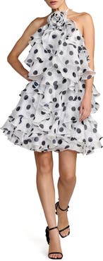 Mac Duggal Polka Dot Halter Neck Ruffle Mini Dress with Tiered Skirt